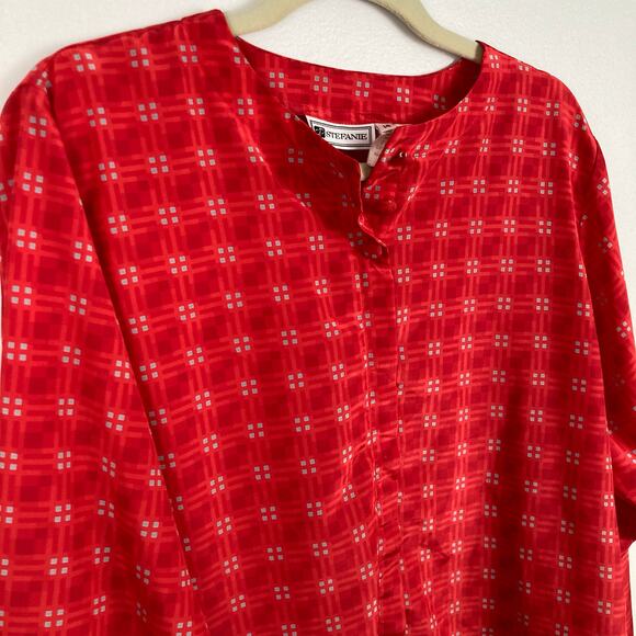 Vintage Womens L Red Geo Check Print Button Up Blouse Twee Office Retro Mod - Picture 3 of 9